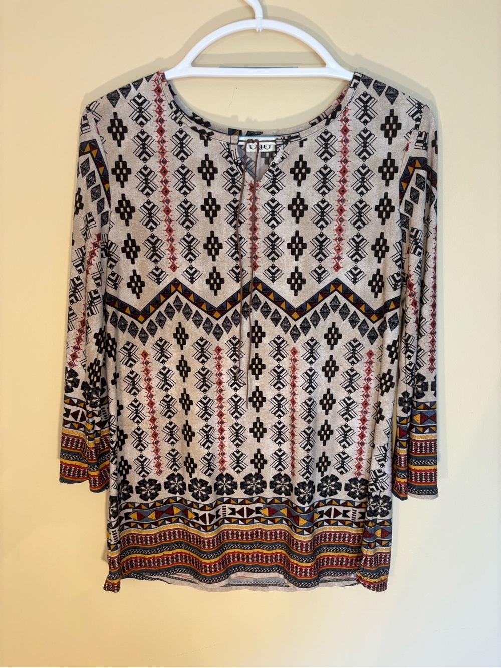 Cato Cream Tribal Print Long Sleeve Top with Black and Rust Accents